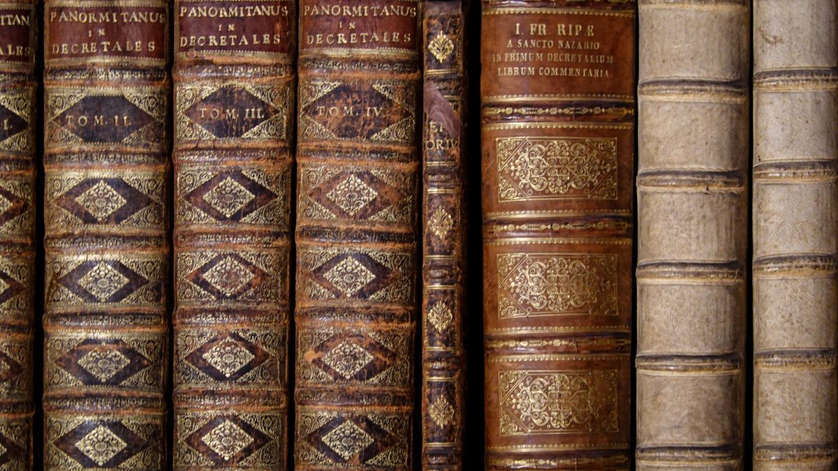 Alte, in Leder gebundene Bücher im Regal